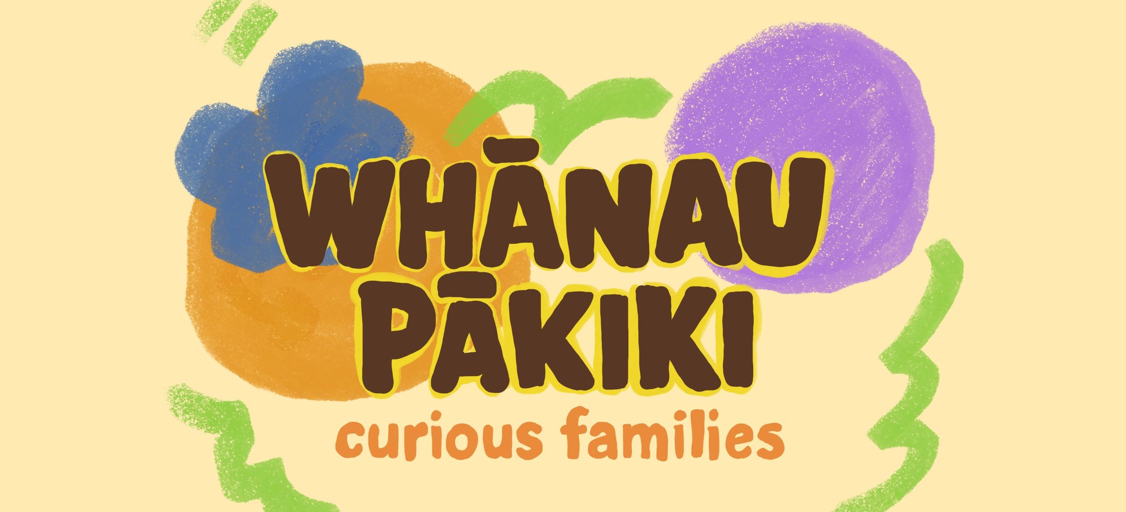 Whānau Pākiki handwritten in brown letters with the translation ʻcurious familiesʻ handwritten in orange underneath. This is with cheerful squiggles in the background on top of a pastel orange colour.