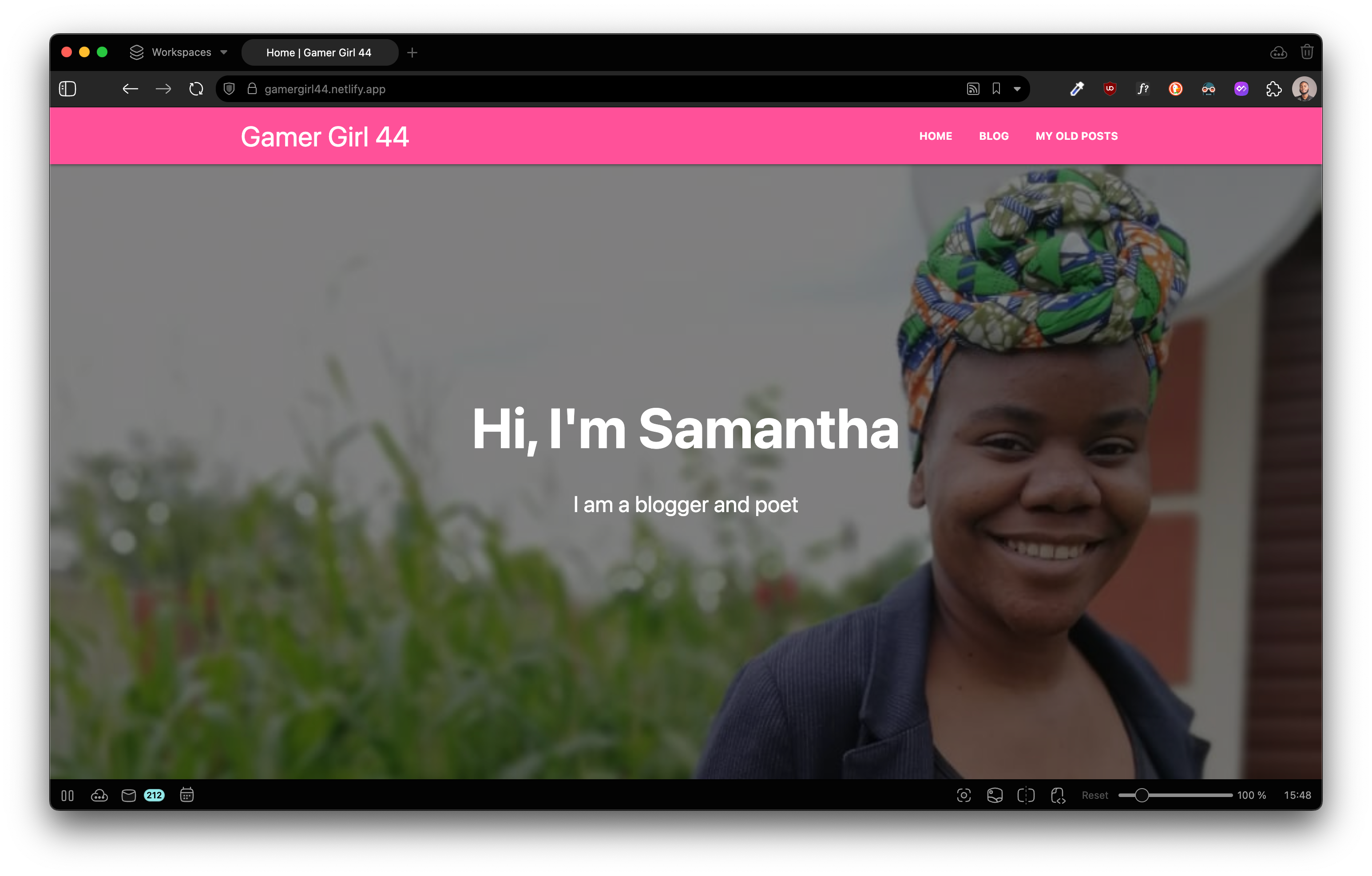 Gamer Girl 44 website hero section with Samantha Sande