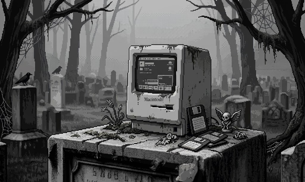 Tombstone with an old Macintosh computer in a graveyard