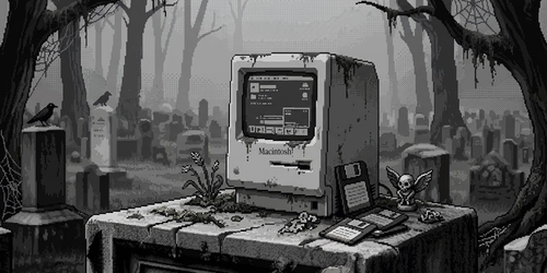 When a Framework Dies - PART 1 Tombstone with an old Macintosh computer in a graveyard