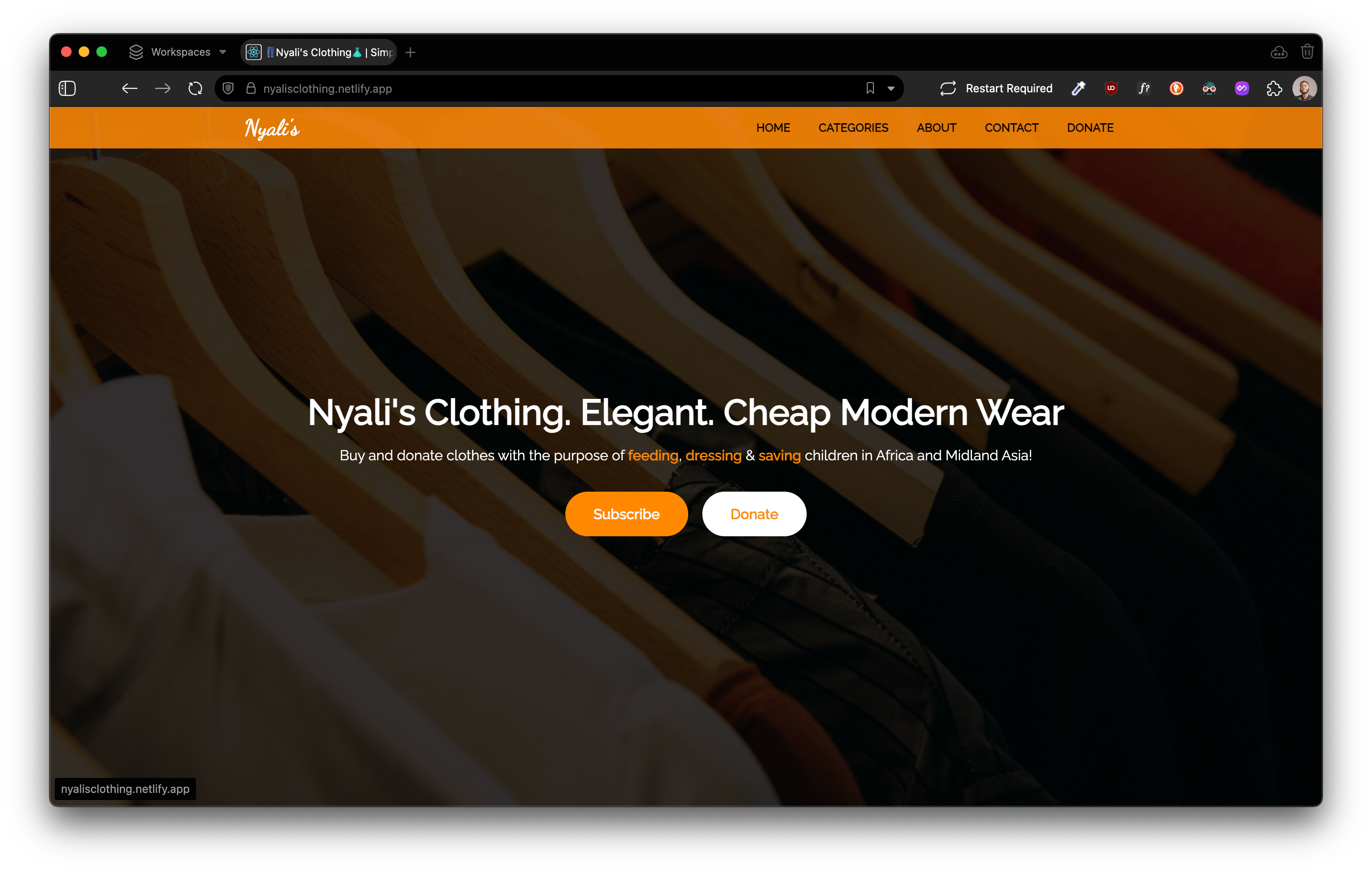 Landing page for Nyali's Clothing