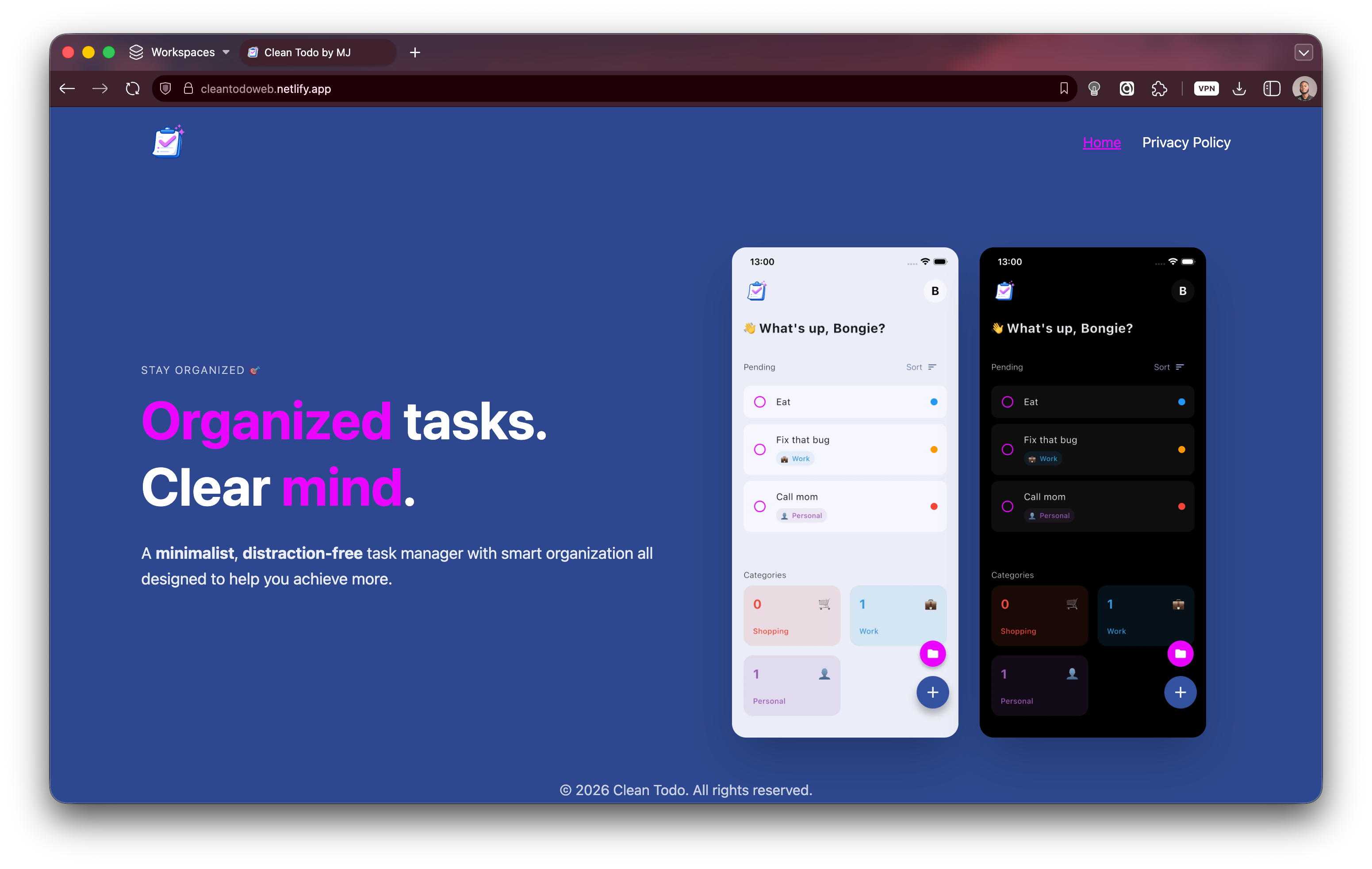 Clean To Do List & Planner Clean Todo Website Screenshot