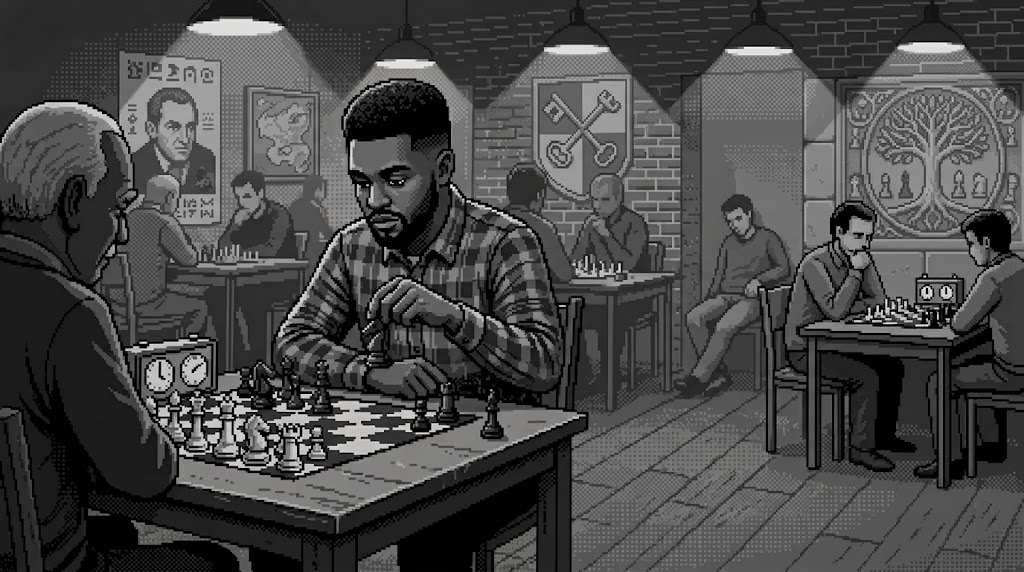 Chess board with white pawn, queen and black knight