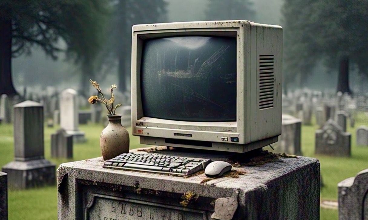 Tombstone with an old desktop computer 