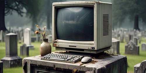 When a Framework Dies - PART 1 Tombstone with an old desktop computer