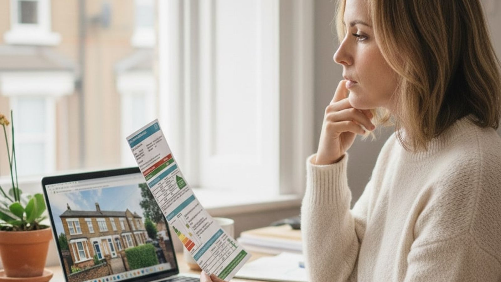 Young woman looking at a EPC certificate and researching the meaning of the scale