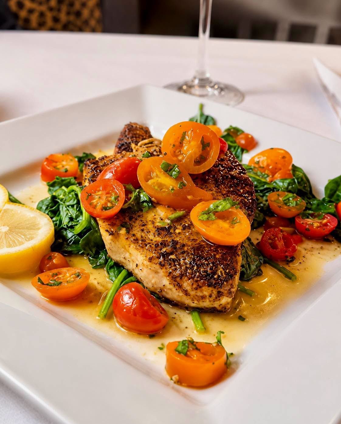 Fish with cherry tomatoes, spinach and lemon