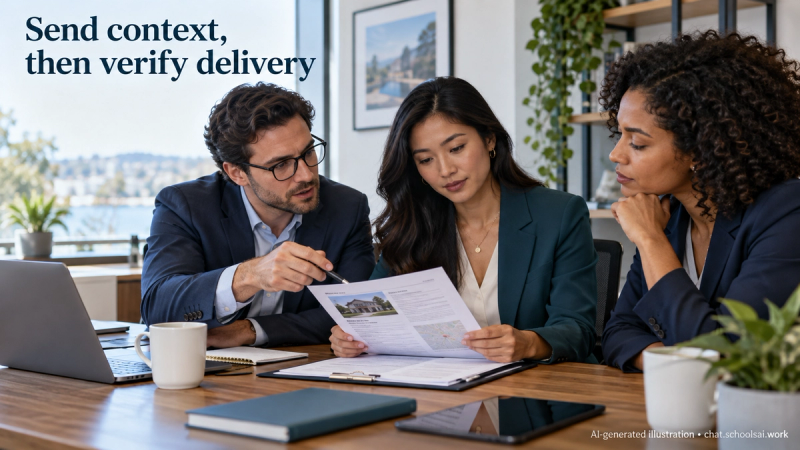 Brokerage colleagues reviewing a buyer brief before follow-up