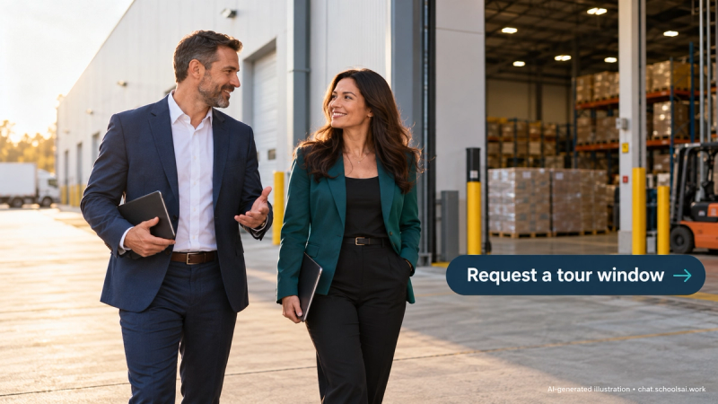 Industrial broker and manager discussing a requested property tour