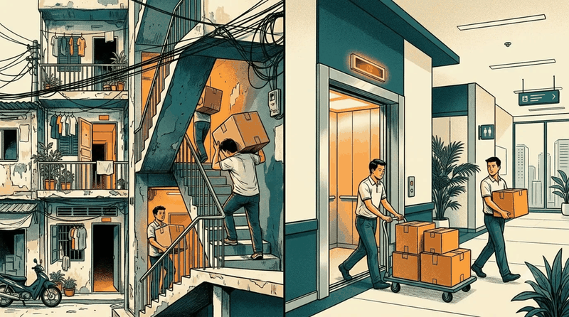 Cầu thang và thang máy tại hai đầu chuyển – minh họa AI