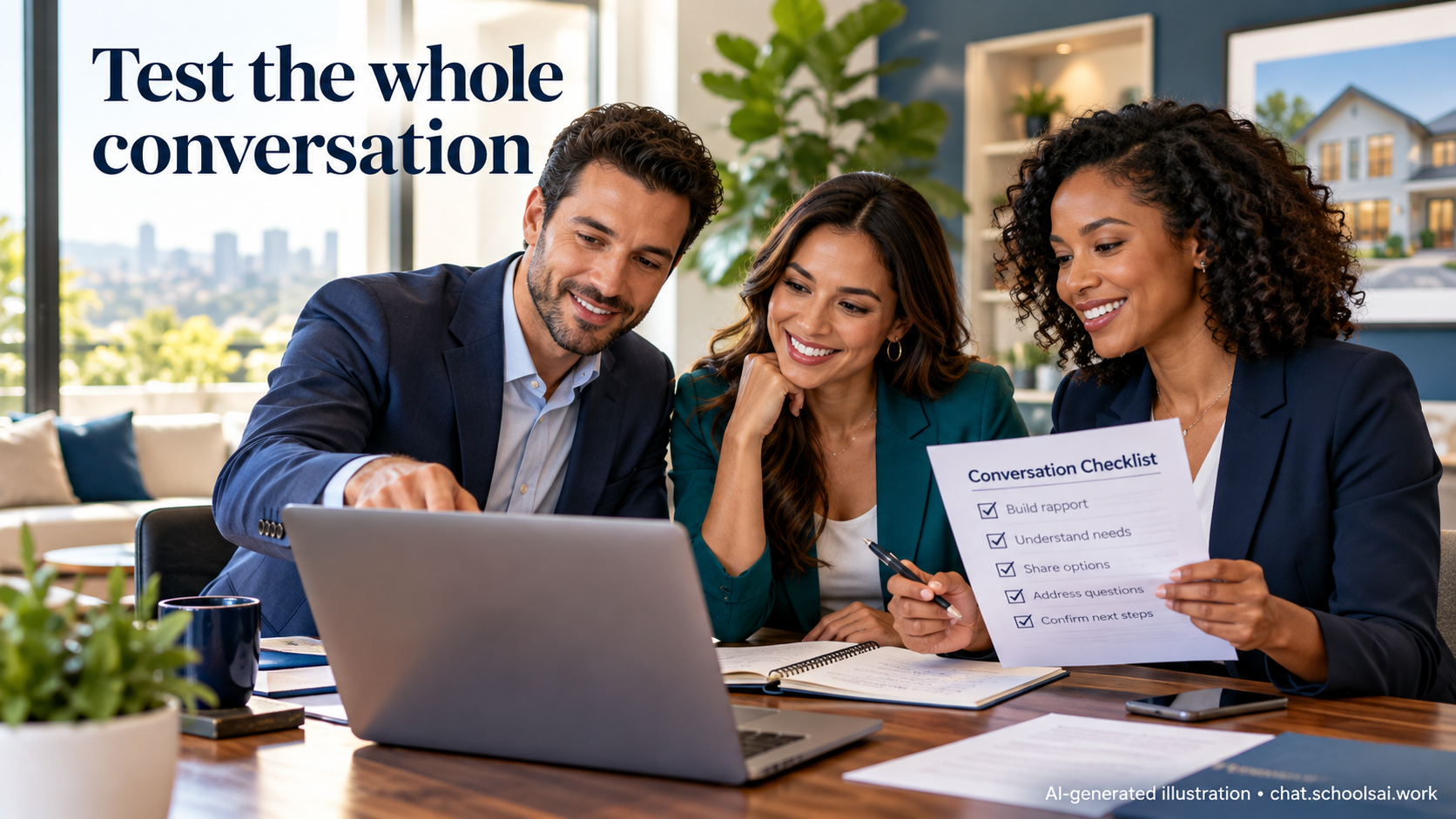 Brokerage team reviewing a fictional conversation test checklist