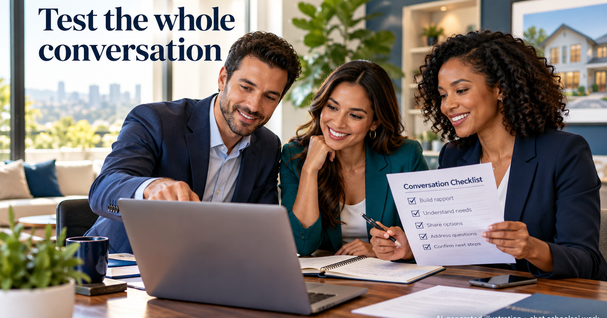 Brokerage team reviewing a fictional conversation test checklist