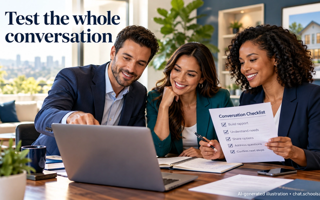 Brokerage team reviewing a fictional conversation test checklist
