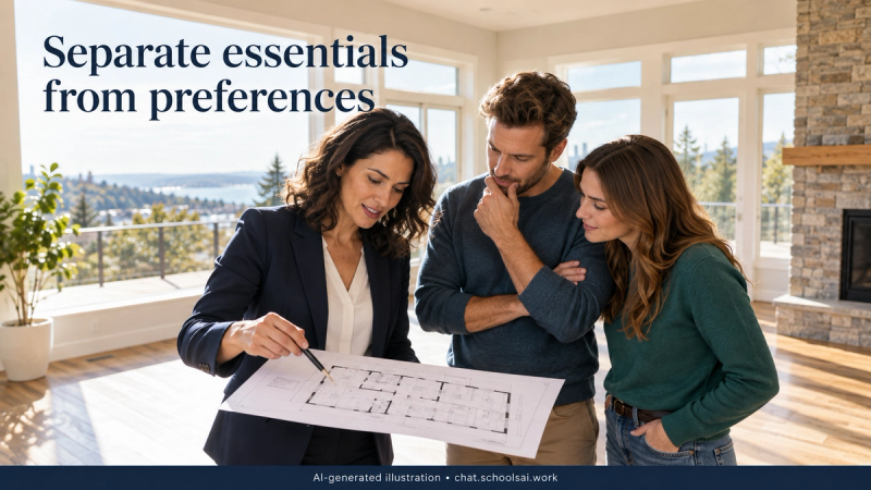 Agent and buyers distinguishing essential and preferred property features