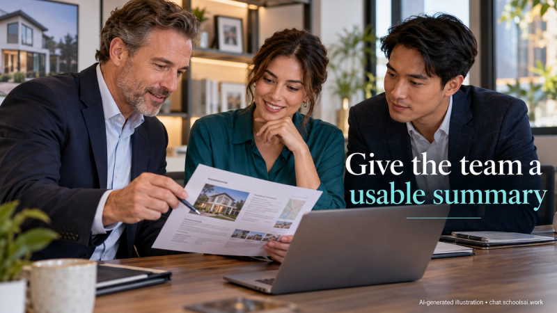 Three brokerage colleagues reviewing an inquiry handoff summary