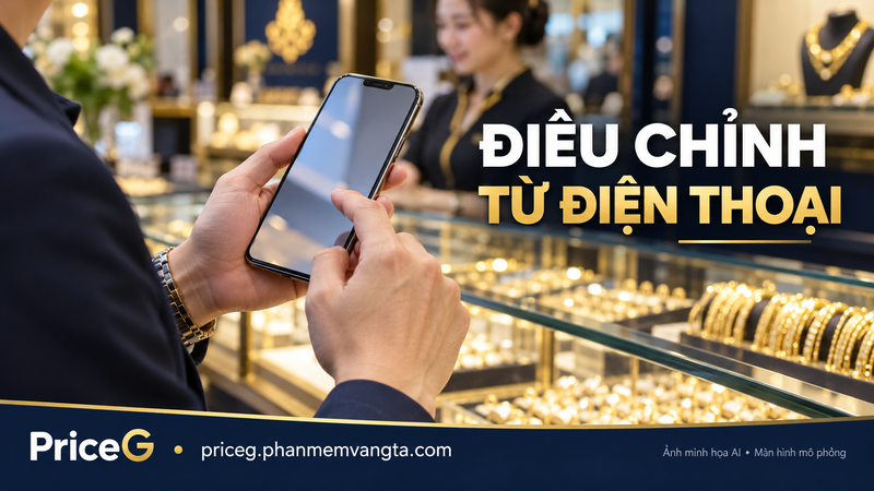 Điều chỉnh bằng điện thoại tại quầy — ảnh minh họa AI, màn hình mô phỏng.