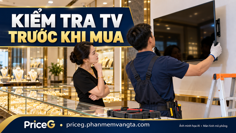 Kiểm tra TV trước khi mua thiết bị — ảnh minh họa AI, màn hình mô phỏng.