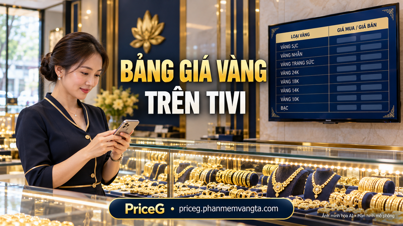 Bảng giá vàng trên TV và thao tác điện thoại — ảnh minh họa AI, màn hình mô phỏng.