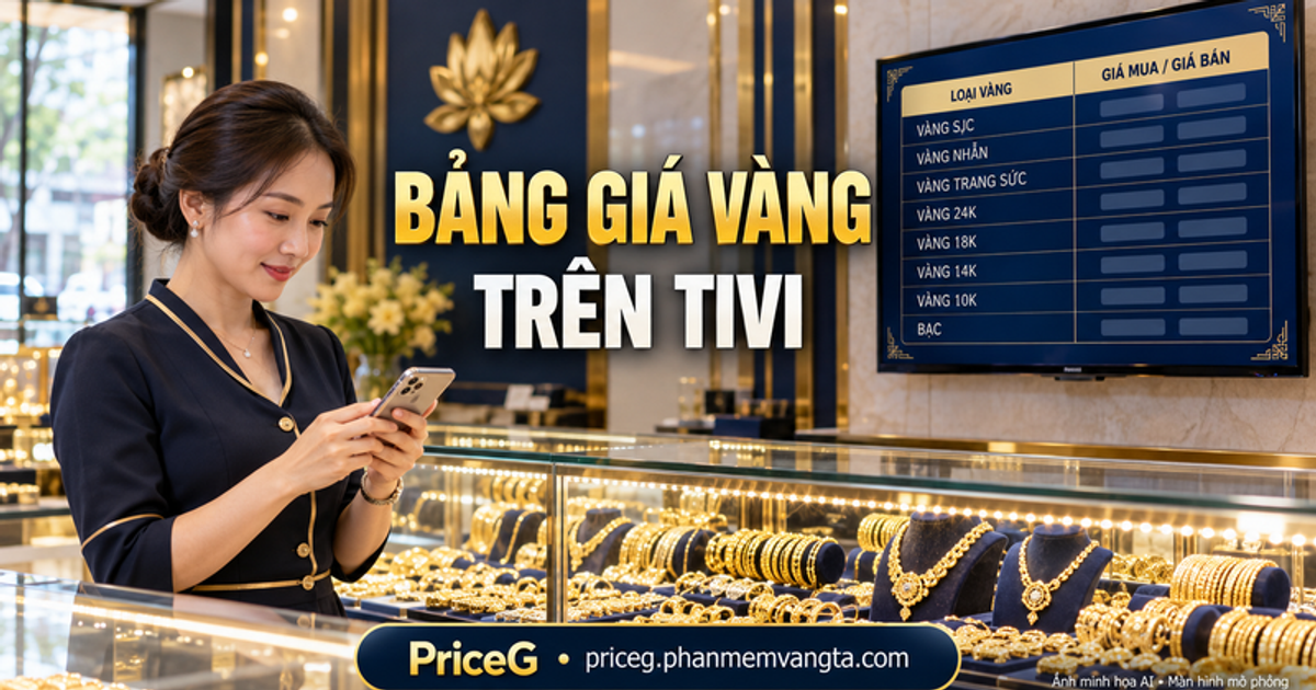 Bảng giá vàng trên TV và thao tác điện thoại — ảnh minh họa AI, màn hình mô phỏng.