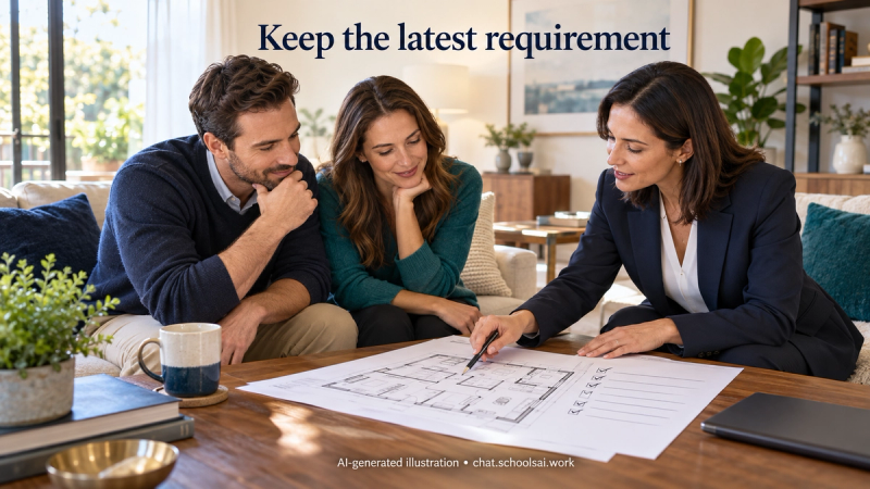 Agent and buyers correcting a property requirement checklist