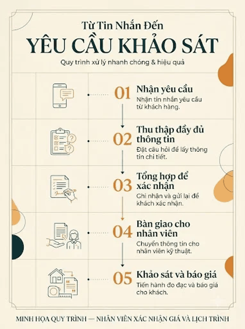Quy trình năm bước tiếp nhận yêu cầu khảo sát – minh họa AI