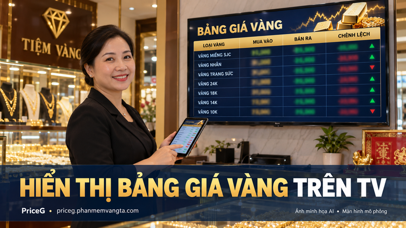 Thiết lập bảng giá vàng trên TV — ảnh minh họa AI, màn hình mô phỏng.