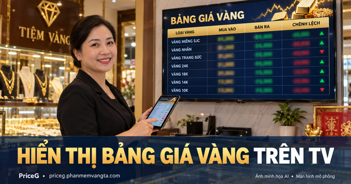 Thiết lập bảng giá vàng trên TV — ảnh minh họa AI, màn hình mô phỏng.