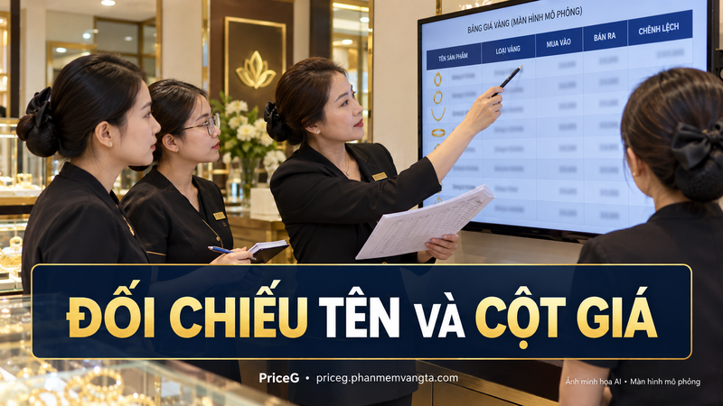 Đối chiếu tên và hai cột giá — ảnh minh họa AI, màn hình mô phỏng.