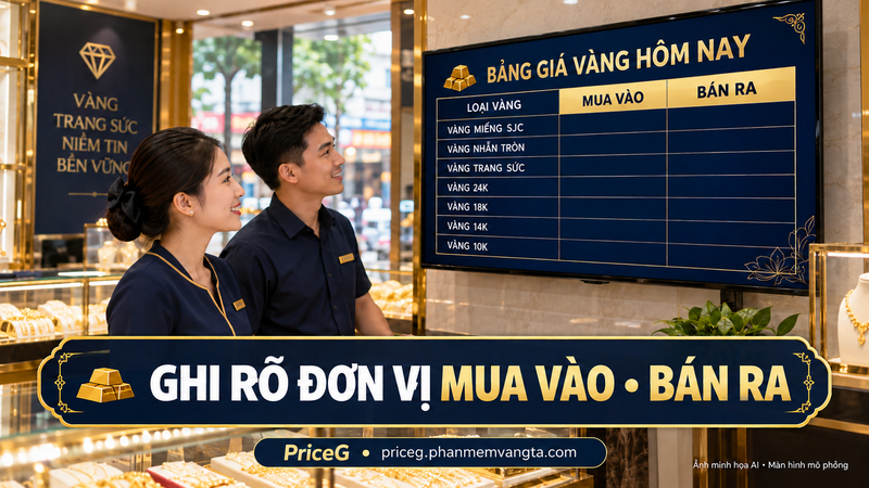 Kiểm tra bảng giá từ vị trí người xem — ảnh minh họa AI, màn hình mô phỏng.