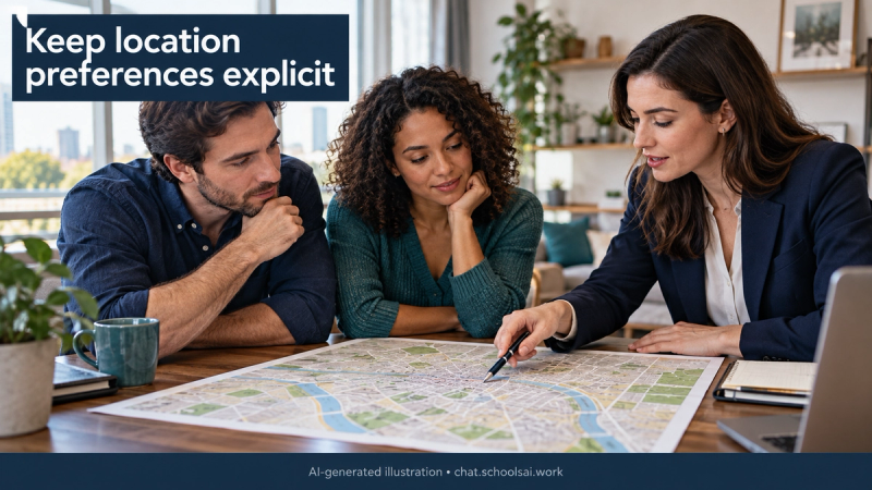 Buyers and agent discussing explicitly chosen location preferences