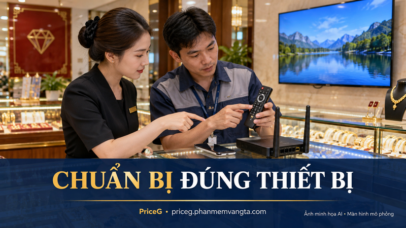 Chuẩn bị TV, điện thoại và mạng — ảnh minh họa AI, màn hình mô phỏng.
