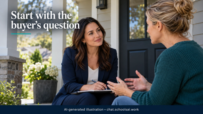 Agent listening to a buyer question at a property entrance