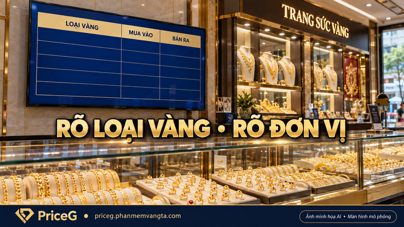 Bố cục phân biệt loại vàng, mua vào và bán ra — ảnh minh họa AI, màn hình mô phỏng.