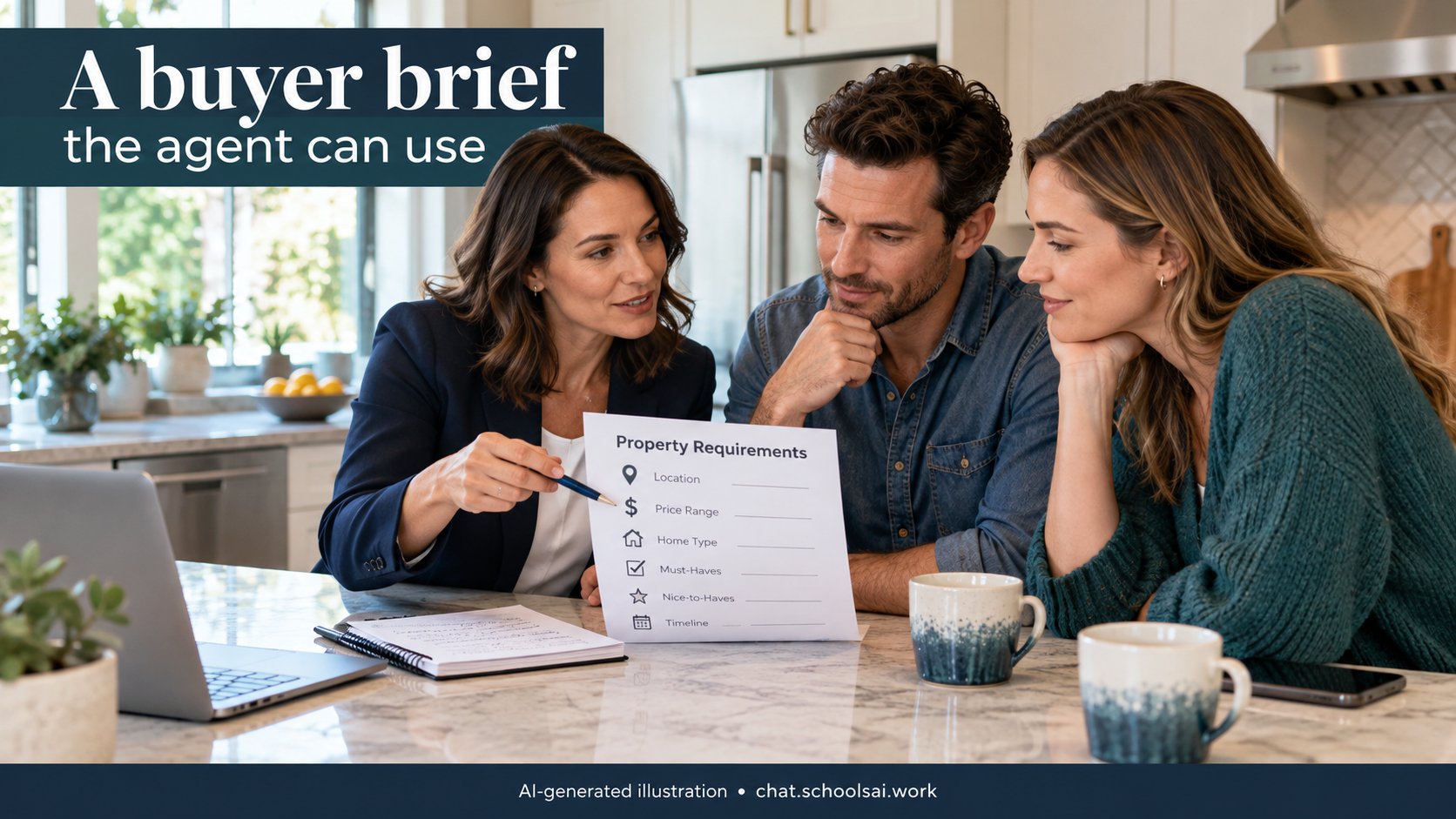 Agent and home buyers reviewing a fictional buyer requirement brief