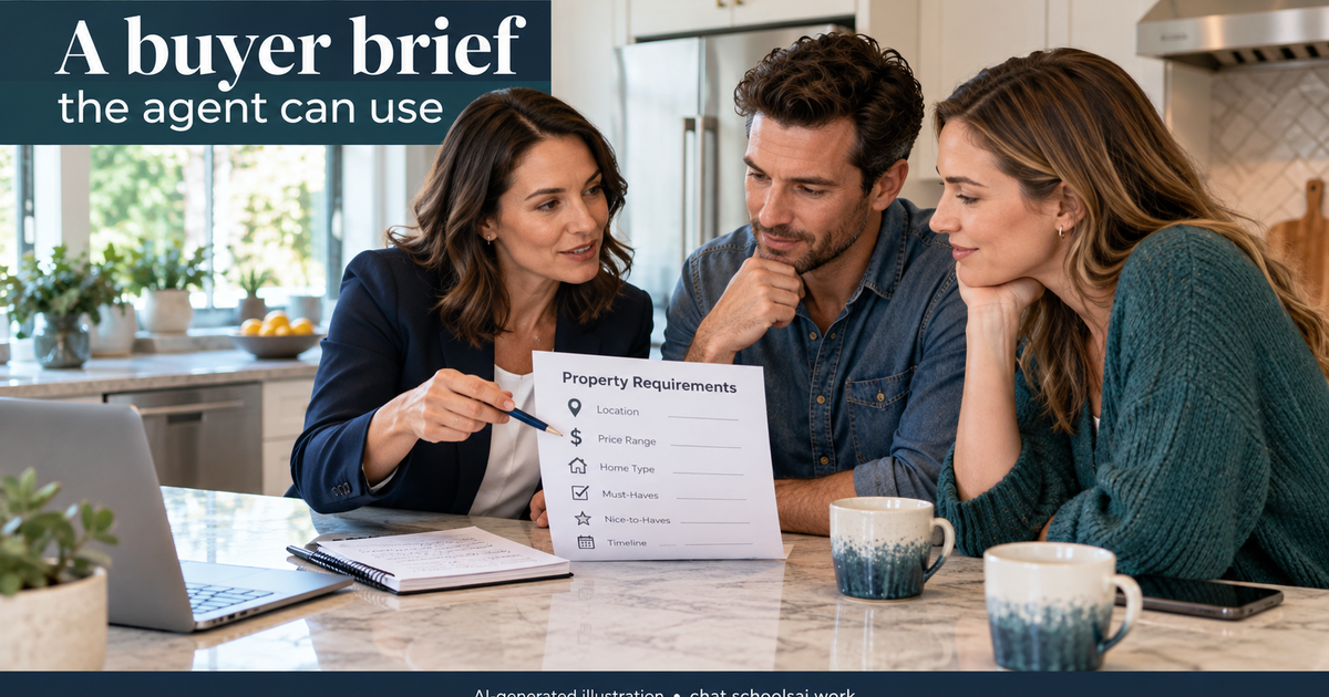 Agent and home buyers reviewing a fictional buyer requirement brief