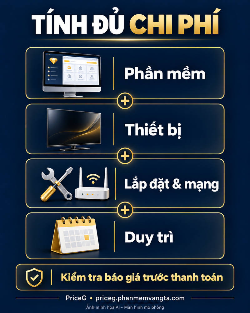 Infographic bốn nhóm chi phí: phần mềm, thiết bị, triển khai và duy trì — ảnh minh họa AI, màn hình mô phỏng.