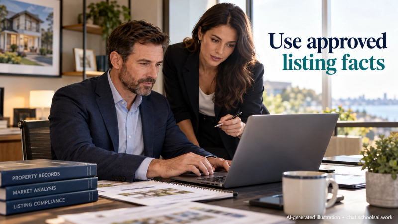 Broker and analyst checking approved listing facts