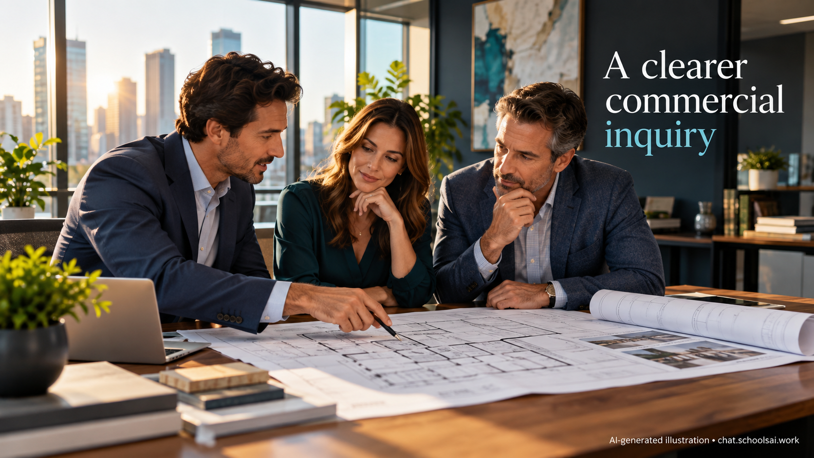 Commercial broker and business owners reviewing floor plans