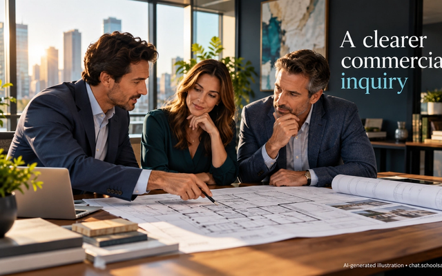 Commercial broker and business owners reviewing floor plans