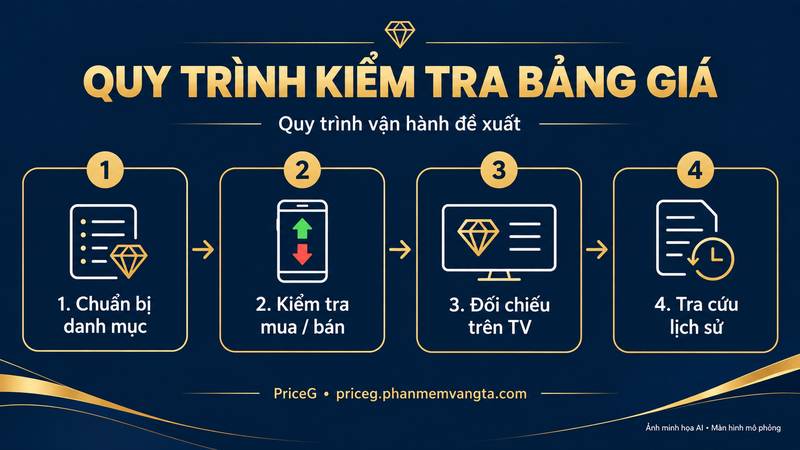 Infographic quy trình đề xuất: chuẩn bị danh mục, kiểm tra mua bán, đối chiếu TV và tra cứu lịch sử — ảnh minh họa AI, màn hình mô phỏng.