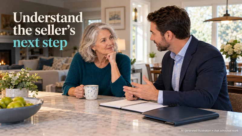 A homeowner discussing a possible sale with an agent at a kitchen island