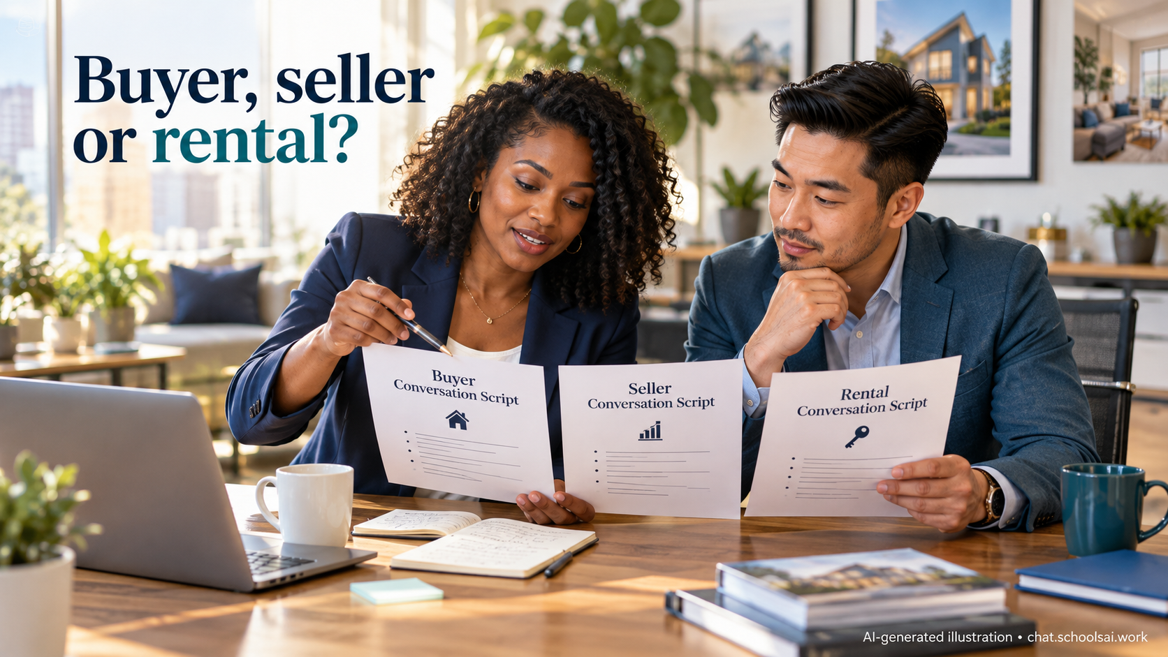 Two brokerage colleagues reviewing buyer, seller and rental conversation scripts