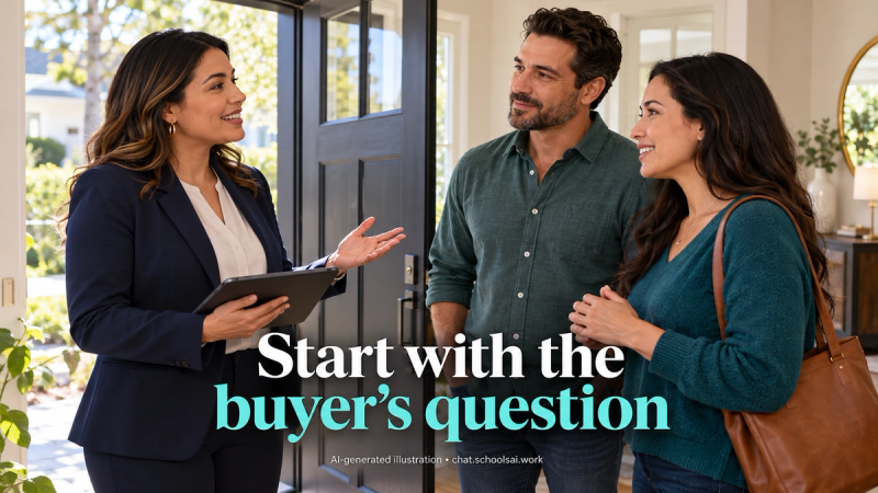 A real estate agent listening to two prospective buyers outside a home