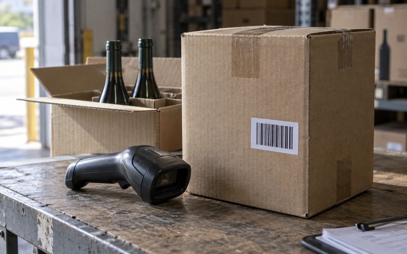 A handheld barcode scanner beside an unopened wine carton