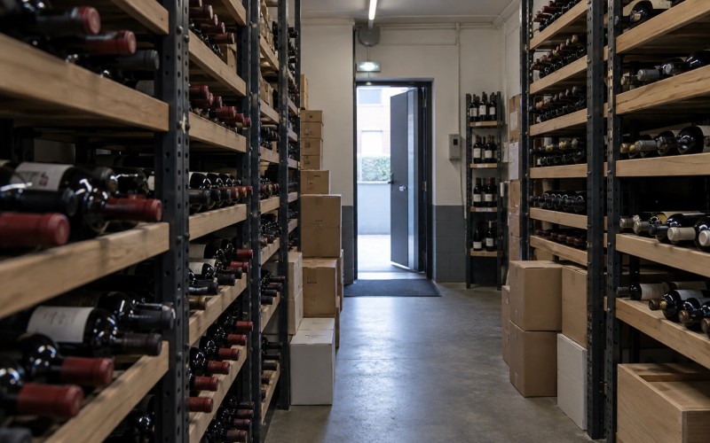 Rows of wine bottles in a temperature-controlled trade storeroom