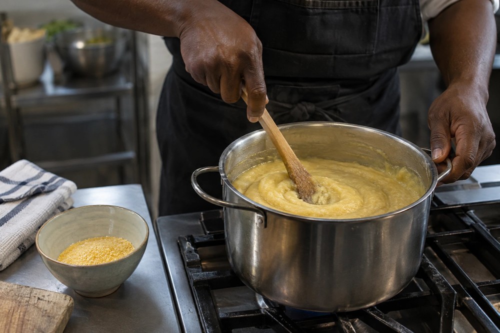 Corn porridge being prepared in a kitchen