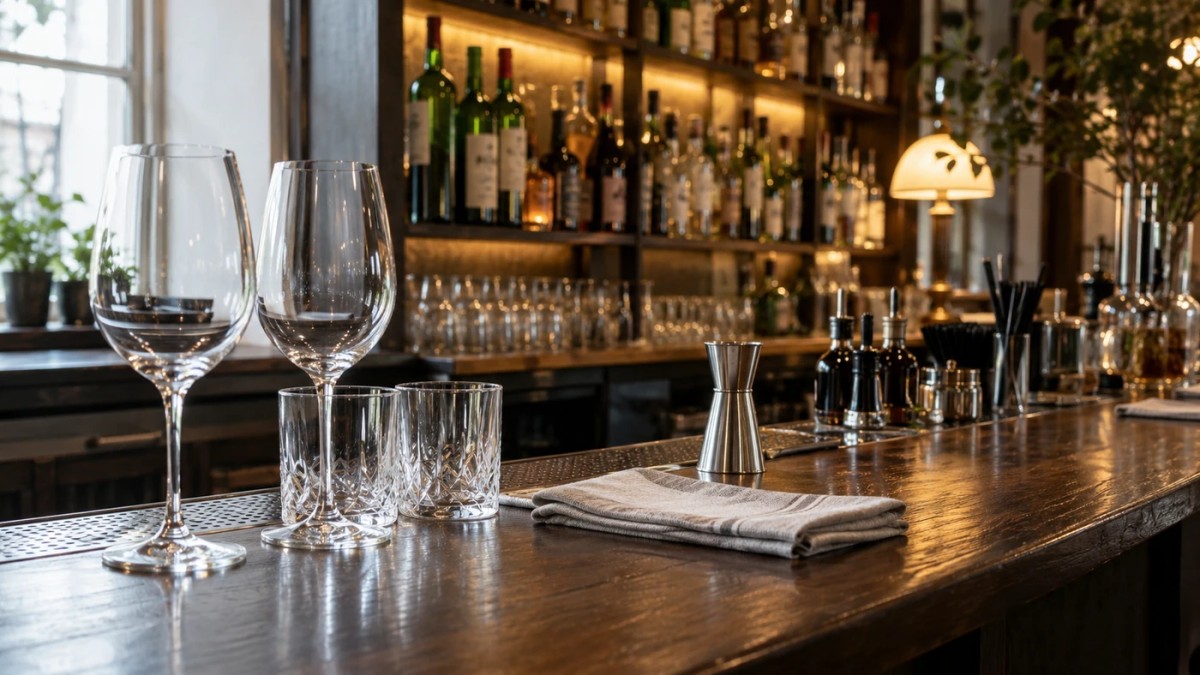 Glasses and beverage-service equipment on a restaurant bar