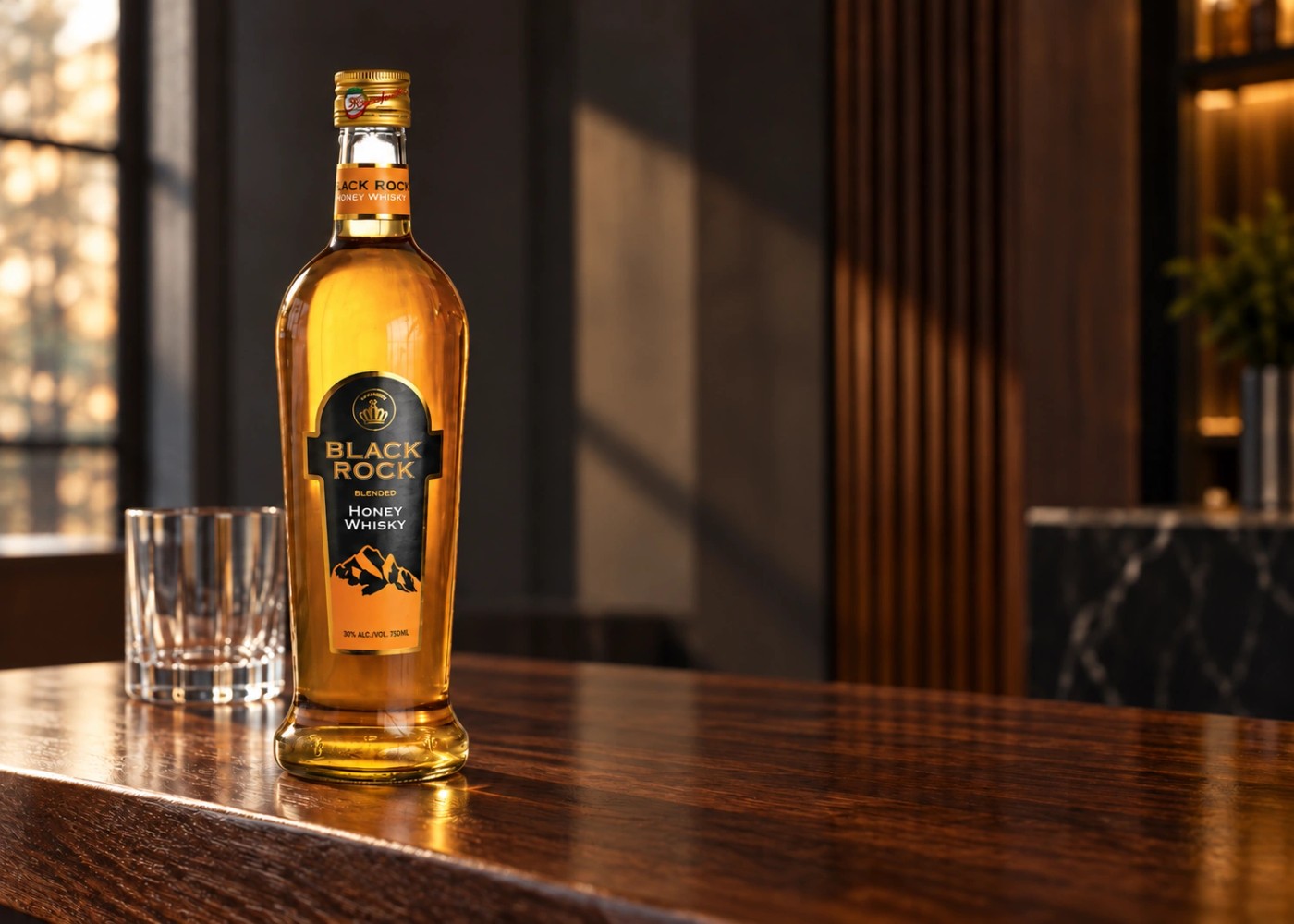 Black Rock Honey Whisky on a walnut bar with a clear tumbler