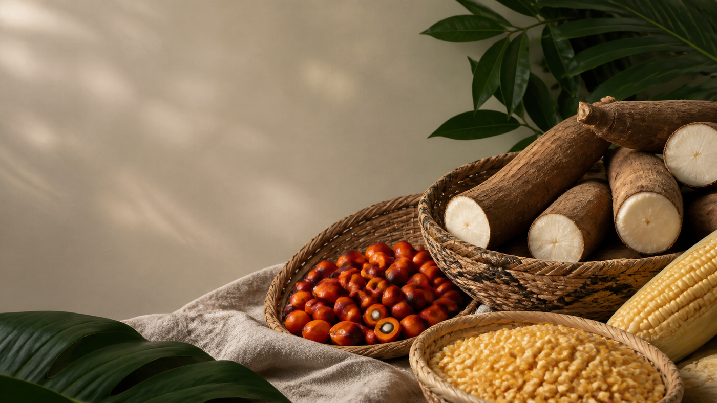 Cassava, maize and palm fruit arranged in woven baskets