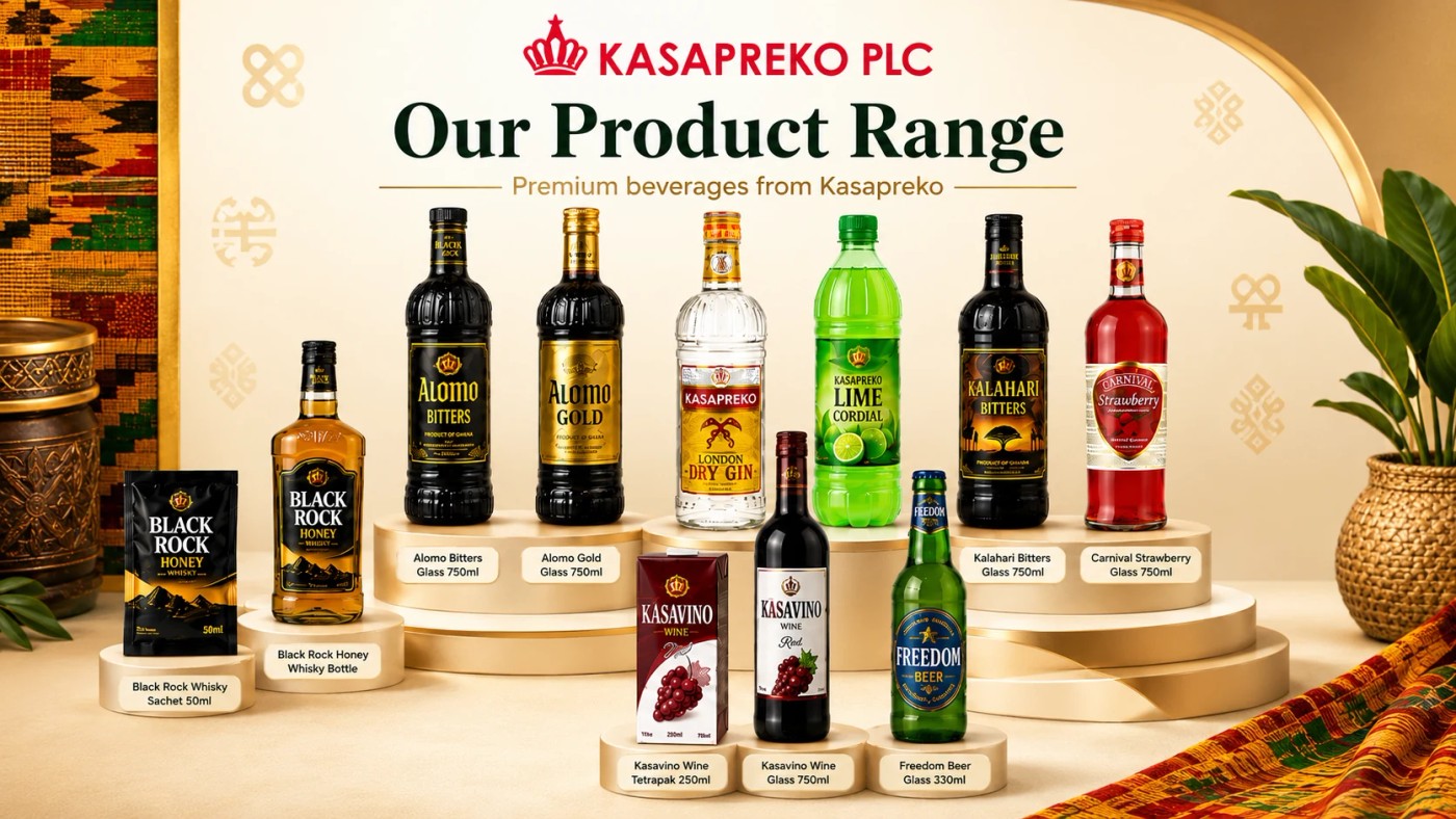 The complete Kasapreko range composition, including all bottles and the product-range heading